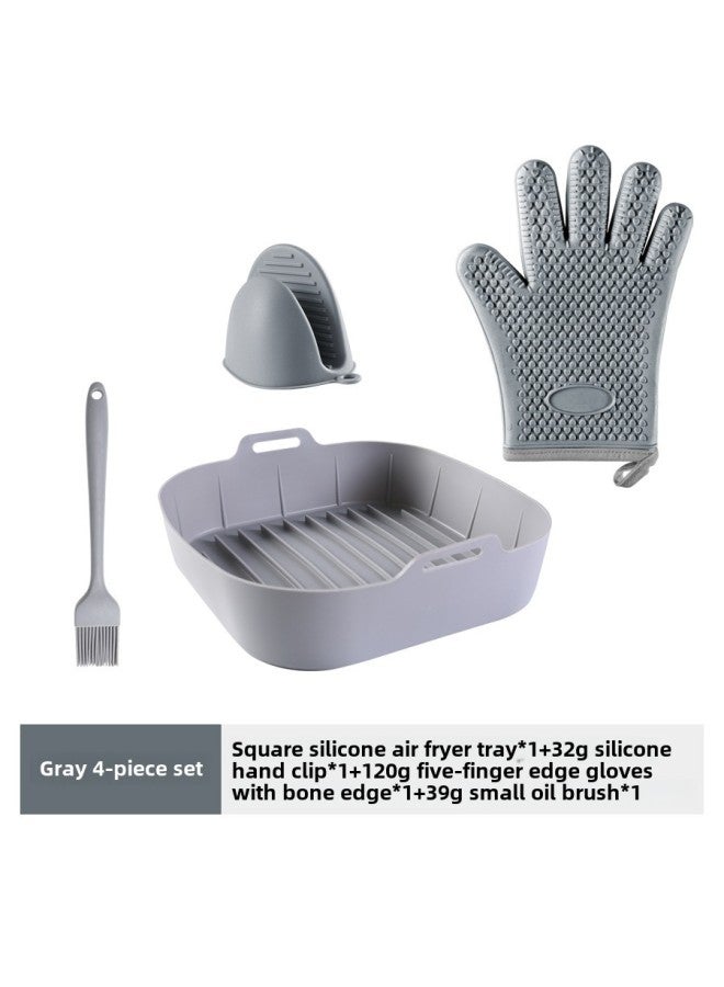 Air Fryer Baking Pan Set Round Oil-Proof Silicone Baking Pan Silicone Cake Mold Air Fryer Accessories-Specifications:Set 10 Gray (square Air Fryer Plate * 1+32G Hand Clip * 1+120g Edging Gloves With Bone Edge * 1+39g Small Brush * 1)  - Image 1