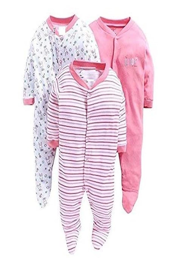 TiniBerry New Born Baby Multi-Color Long Sleeve Cotton Sleep Suit Romper for Boys and Girls Set of 3 (0-3 Months, Pink)