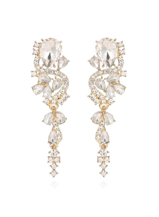 WanBigVa Bridal Wedding Earrings for Brides Bridesmaides Rhinestone Statement Drop Dangle Earrings Dangling Sparkly Crystal and Gold Long Chandelier Teardrop Earrings for Women Prom Party - Image 1