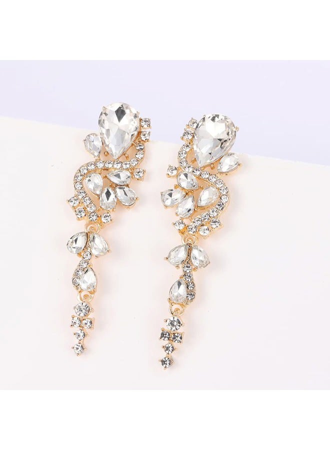 WanBigVa Bridal Wedding Earrings for Brides Bridesmaides Rhinestone Statement Drop Dangle Earrings Dangling Sparkly Crystal and Gold Long Chandelier Teardrop Earrings for Women Prom Party - Image 2