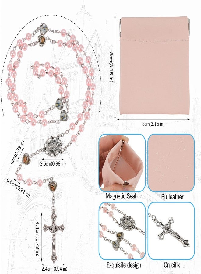 OEMOO Rosary Beads Catholic, Rosary Necklace with Leather Pouch with Magnetic Top Bag for Men and Women Christian Gifts (Pink) - Image 4