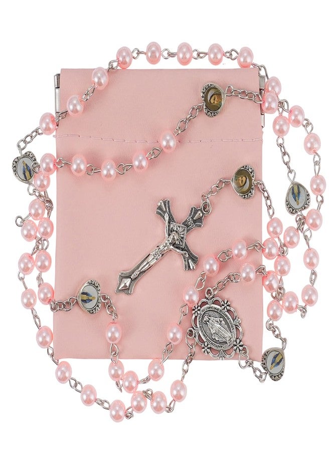 OEMOO Rosary Beads Catholic, Rosary Necklace with Leather Pouch with Magnetic Top Bag for Men and Women Christian Gifts (Pink) - Image 2