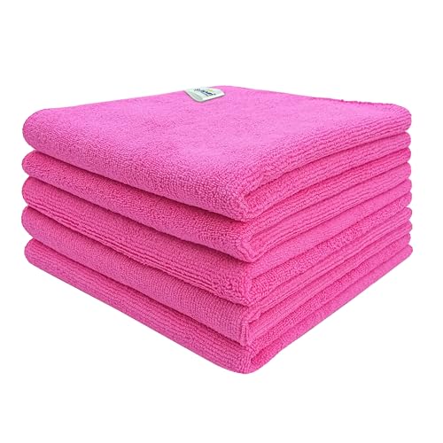 SOFTSPUN Microfiber Cloth - 5 pcs - 40x40 cms - 340 GSM Pink - Thick Lint & Streak-Free Multipurpose Cloths - Automotive Microfibre Towels for Car Bike Cleaning Polishing Washing & Detailing - Image 1