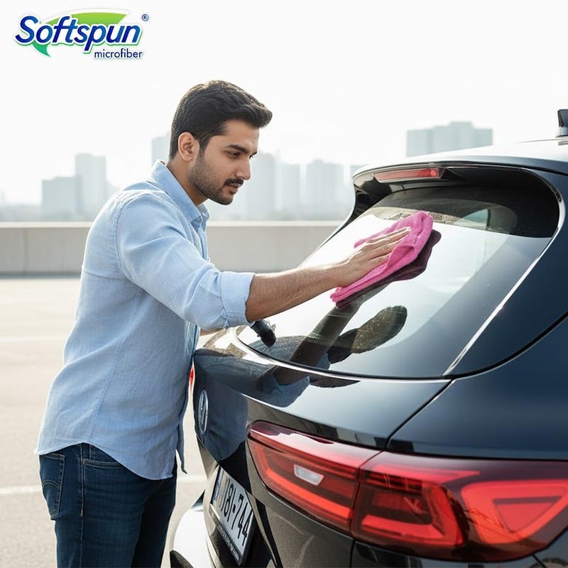 SOFTSPUN Microfiber Cloth - 5 pcs - 40x40 cms - 340 GSM Pink - Thick Lint & Streak-Free Multipurpose Cloths - Automotive Microfibre Towels for Car Bike Cleaning Polishing Washing & Detailing - Image 2