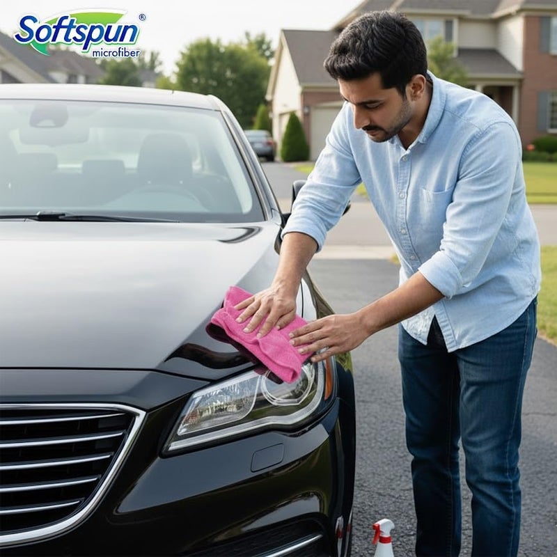 SOFTSPUN Microfiber Cloth - 5 pcs - 40x40 cms - 340 GSM Pink - Thick Lint & Streak-Free Multipurpose Cloths - Automotive Microfibre Towels for Car Bike Cleaning Polishing Washing & Detailing - Image 4