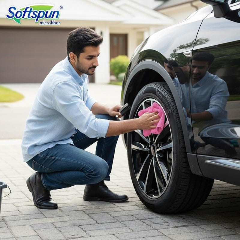 SOFTSPUN Microfiber Cloth - 5 pcs - 40x40 cms - 340 GSM Pink - Thick Lint & Streak-Free Multipurpose Cloths - Automotive Microfibre Towels for Car Bike Cleaning Polishing Washing & Detailing - Image 5