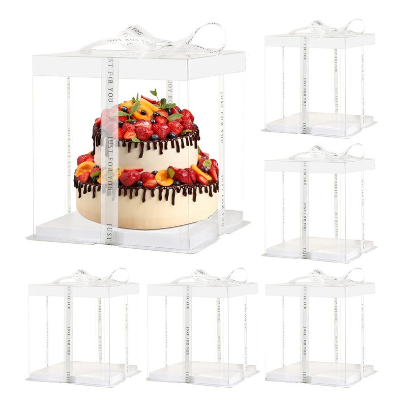 JCD 6 Pcs 2-Layer Tall Cake Packaging Boxes,8x8x9in Clear Cake Box with Ribbon,PET Cake Carrier Transport Container for Tiered Cake (White Lid, 8 * 8 * 9inch/6Pcs) - Image 1