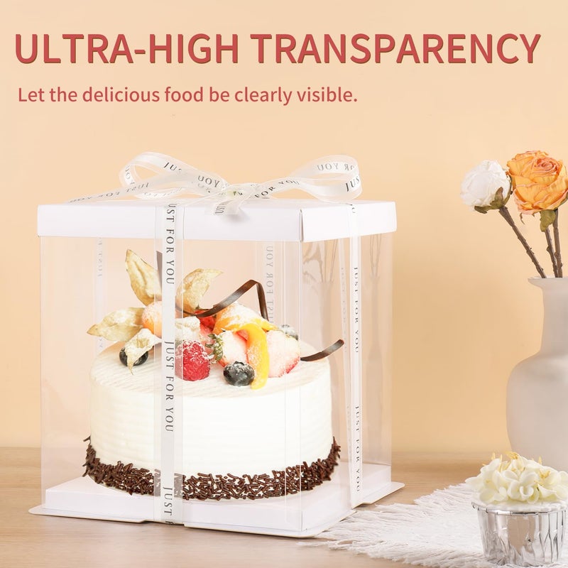 JCD 6 Pcs 2-Layer Tall Cake Packaging Boxes,8x8x9in Clear Cake Box with Ribbon,PET Cake Carrier Transport Container for Tiered Cake (White Lid, 8 * 8 * 9inch/6Pcs) - Image 5