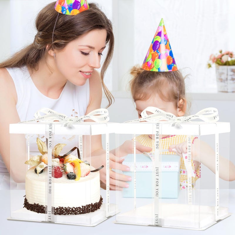 JCD 6 Pcs 2-Layer Tall Cake Packaging Boxes,8x8x9in Clear Cake Box with Ribbon,PET Cake Carrier Transport Container for Tiered Cake (White Lid, 8 * 8 * 9inch/6Pcs) - Image 2