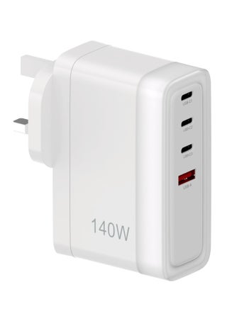 4-Port Fast Charging Adapter, 140W Output, Universal Protocol Support, USB-A & USB-C, Multi-Device Charging, Powerful Laptop Charging, Compact and Efficient - White