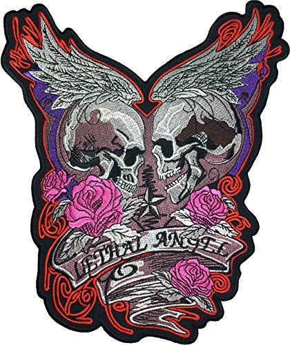 Papapatch [Large Size] Papapatch Lethal Angel Skull Pink Roses Wings Star Biker Punk Ride Chopper Motorcycle Costume Jacket Vest Back DIY Embroidered Applique Sew Iron on Patch (Iron-Lethal-Angel) - Image 3