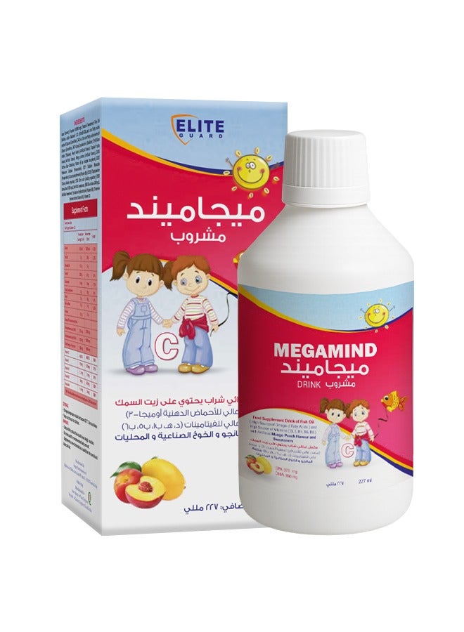 مشروب ميجاميند يحتوي على EPA، DHA، أوميغا-3 ومصدر غني بالفيتامينات بنكهة المانجو والخوخ - 227 مل