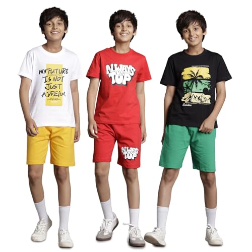 T2F Boy's Printed Cotton Regular Fit Tshirt and Shorts Set (Pack of 3) - Image 1