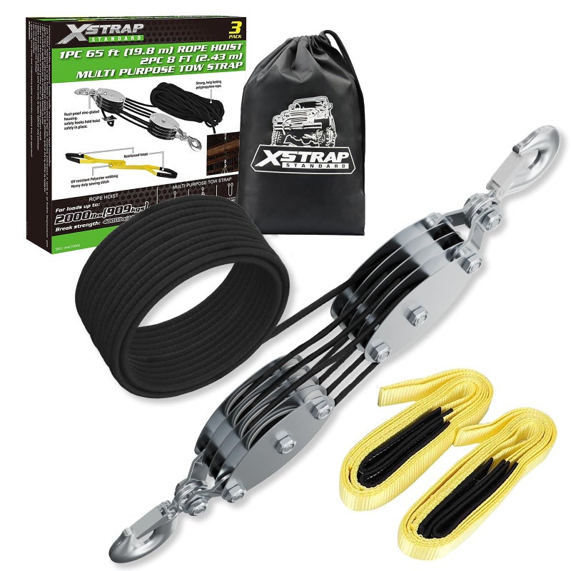 XSTRAP STANDARD Heavy-Duty 4,000 LB Breaking Strength 65 FT Rope Hoist with 2PK 8 FT Lift Sling (Black) - Image 1