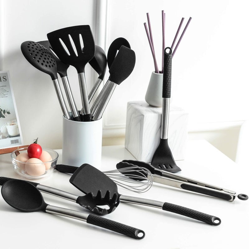 Rorence Silicone Cooking Utensil Set 12 Pieces Kitchen Utensils NonStick  Heat Resistance Silicon And Stainless Steel Handles  Black