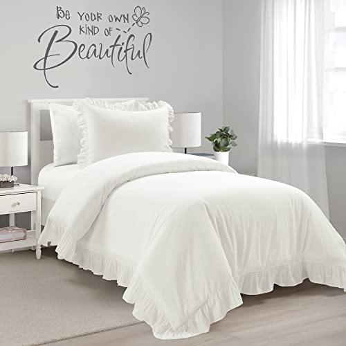 Lush Decor Reyna Ruffle Cotton Duvet Cover Set 2 Piece Set Twin XL White Cute Teen Bedding Set White Duvet Ruffled Bedding Coquette Dorm Decor - Image 1