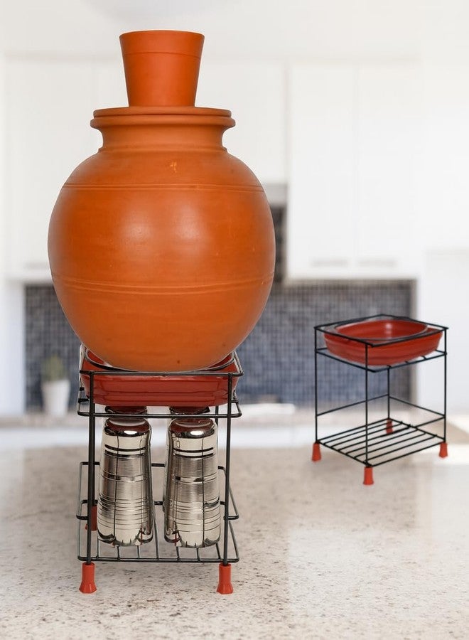 GLOCY Stainless Steel Round Base Matka Stand for Water Pot|Matka Kitchen Rack with Free Tray|Matka Stand For Kitchen with 4 Heavy Plastic Legs|Flower Pot Container(Black),Free Standing,Tiered Shelf - Image 1