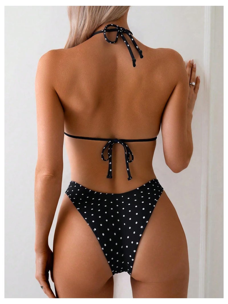 WDIRARA Women's Polka Dots Bikini Set Halter Triangle Swimsuit 2 Piece Bathing Suit Black Large - Image 2