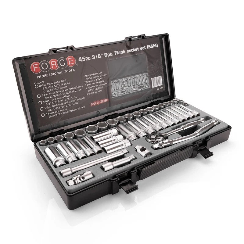 FORCE 3451 45-Piece 3/8 Inch Drive Socket Set 8-22 mm 6-Point