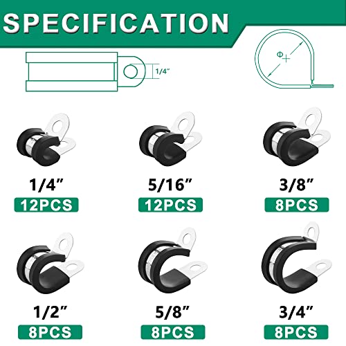 OURU 56PCS Cable Clamps Assortment Kit,6 Sizes—1/4" 5/16" 3/8" 1/2" 5/8" 3/4" Stainless Steel Rubber Coated Cushioned Insulated Cable Clamp,Automotive Cable Wire Clamps,Pipe Clamps,Metal Clamp - Image 2