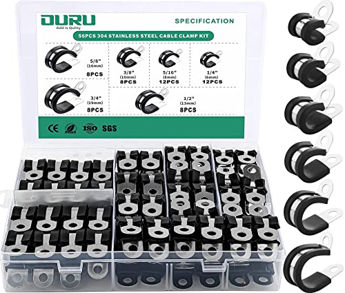 OURU 56PCS Cable Clamps Assortment Kit,6 Sizes—1/4" 5/16" 3/8" 1/2" 5/8" 3/4" Stainless Steel Rubber Coated Cushioned Insulated Cable Clamp,Automotive Cable Wire Clamps,Pipe Clamps,Metal Clamp - Image 1