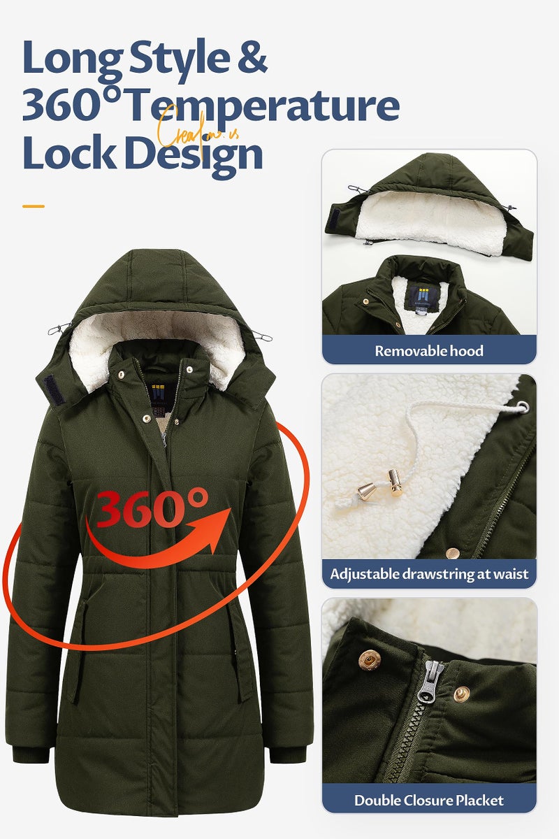 CREATMO US Women's Warm Winter Coat Heavy Puffer Jacket Parka Insulated Outwear With Removable Hood Army Green S - Image 5