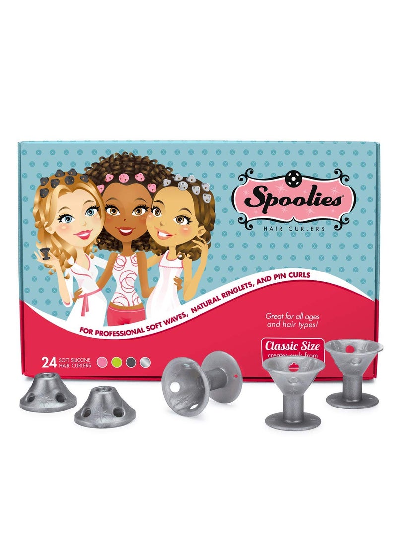 Spoolies - Original Hair Curlers, Heatless Silicone Rollers for Natural Hair, Hair Extensions plus Wigs, Made in USA, 24 Medium Size (Silver Edition) - Image 1