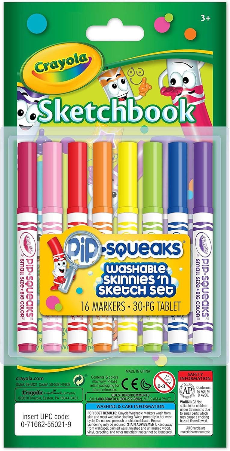 Crayola Washable Pip Squeaks Skinnies & Sketch Set with 16 Markers and 30-Page Sketchbook