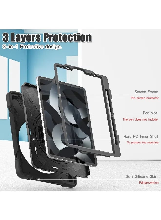 ZOOMEE Case for iPad Air 11-inch M3 (2025) / M2 (2024) iPad Pro 11 2018/2020/2021/Air4 10.9 2020/Air5 10.9 2022 Case, Rugged Heavy Duty Military Grade Shockproof Case,360°Rotation Ring Stand,with Handle Shoulder Strap-S Pen Holder ProtectiveCover,Black - Image 3