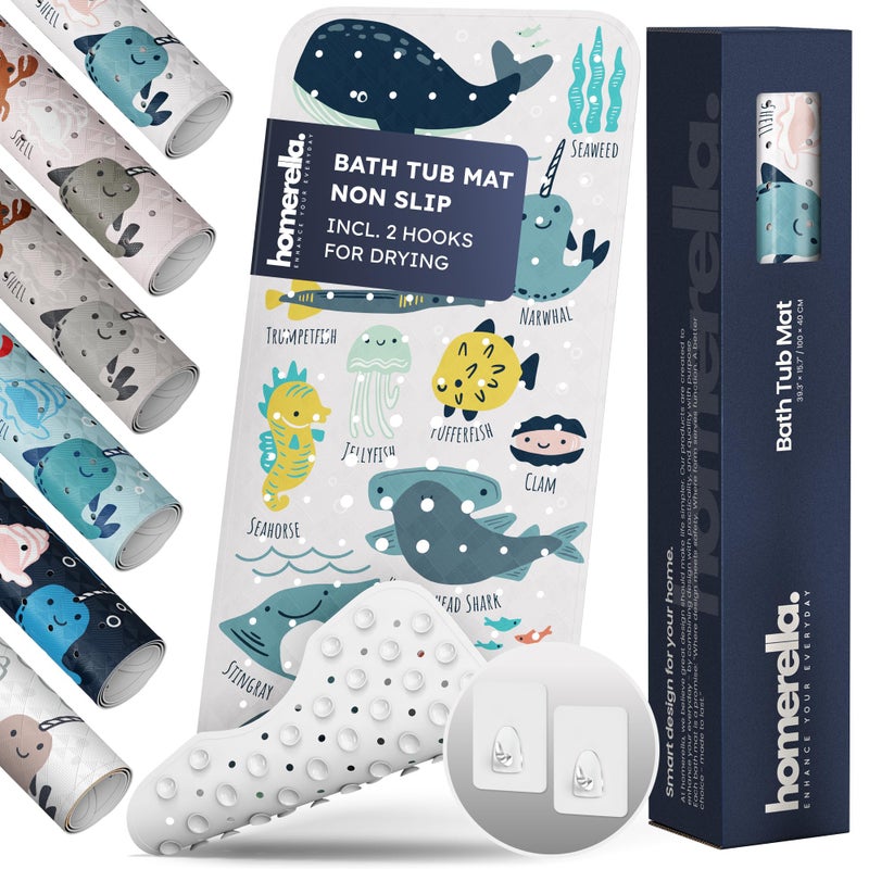 Homerella Bath Tub Mat Non Slip Anti Mold for Kids BPA Free INCL Hooks - homerellaÂ® Ocean Sea Animals 40x16, Baby Bath Mat Non Slip 200 Suction Cups, Non Toxic Machine Washable Toddler Bath Mat, EU Certified - Image 1