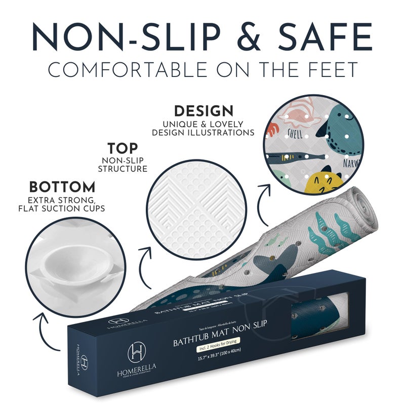 Homerella Bath Tub Mat Non Slip Anti Mold for Kids BPA Free INCL Hooks - homerellaÂ® Ocean Sea Animals 40x16, Baby Bath Mat Non Slip 200 Suction Cups, Non Toxic Machine Washable Toddler Bath Mat, EU Certified - Image 4