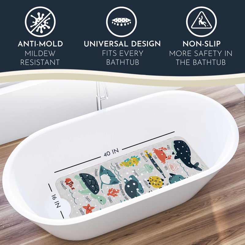 Homerella Bath Tub Mat Non Slip Anti Mold for Kids BPA Free INCL Hooks - homerellaÂ® Ocean Sea Animals 40x16, Baby Bath Mat Non Slip 200 Suction Cups, Non Toxic Machine Washable Toddler Bath Mat, EU Certified - Image 2