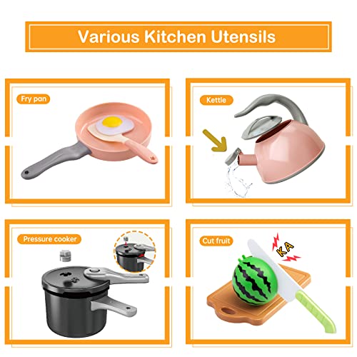 Funpynani 130Pcs Kitchen Playset, Toddler Pretend Cooking Play Pots, Pans, Utensils Cookware, Daily Food Fruit Veges, Shopping Storage Basket, Dessert, Prop Money, Learning Gift for Child (Pink) - Image 4