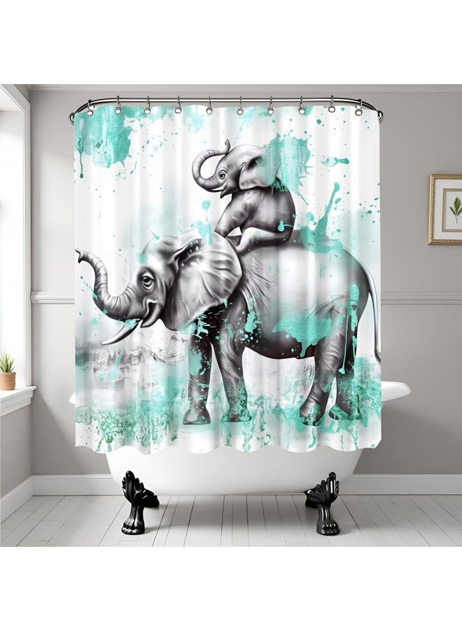 FuShvre Elephant Shower Curtains for Bathroom Wild Animal Oil Painting Style Bathtub Curtain Fabric Bathroom Decor Set Hooks Included 72"x 72" Teal and Gray - Image 1