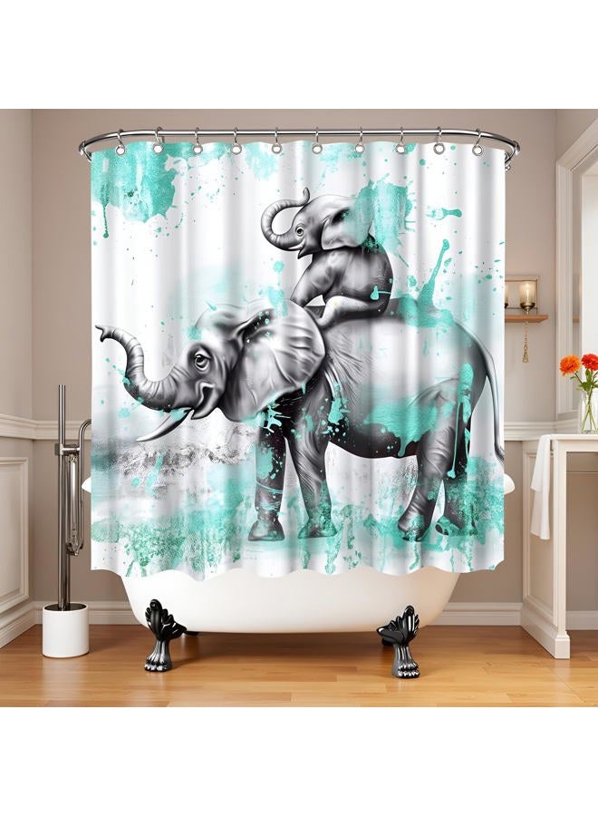 FuShvre Elephant Shower Curtains for Bathroom Wild Animal Oil Painting Style Bathtub Curtain Fabric Bathroom Decor Set Hooks Included 72"x 72" Teal and Gray - Image 3
