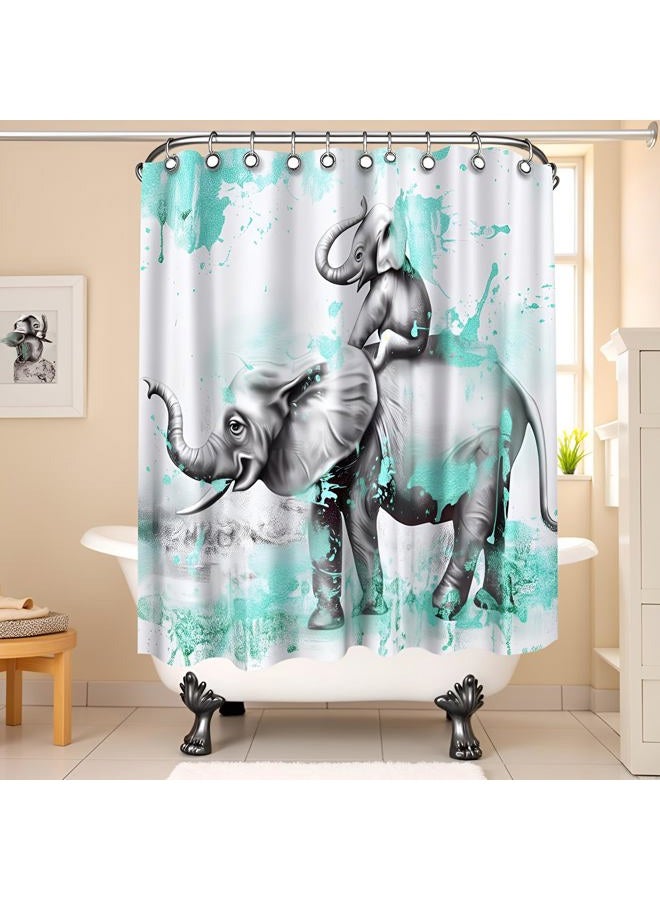 FuShvre Elephant Shower Curtains for Bathroom Wild Animal Oil Painting Style Bathtub Curtain Fabric Bathroom Decor Set Hooks Included 72"x 72" Teal and Gray - Image 2
