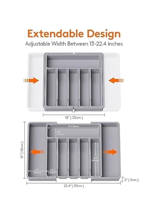 هوكور منظم ادراج الفضيات، صينية ادوات مائدة قابلة للتوسيع للمطبخ، خالية من البيسفينول ايه، تخزين بلاستيكي قابل للتعديل للملاعق والشوك والسكاكين، مقاس L (رمادي) - Image 3