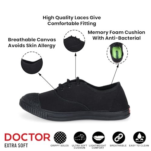 DOCTOR EXTRA SOFT Uniform Tennis Canvas School Shoes with Laces Black & White for Boys & Girls | Memory Foam Cushion & Anti-Bacterial Technology| Lightweight | Comfortable| Durable & Anti-Skid D-3004 - Image 2