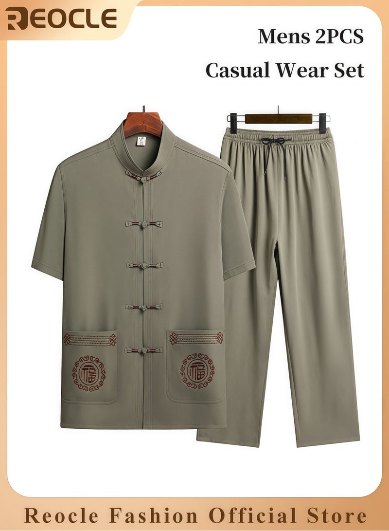 REOCLE Mens 2PCS Set Sophisticated Casual Wear Set Chinese Embroidery Kungfu Suit Set Men Summer Short Sleeves Cotton and Linen Shirts and Pants - Image 1