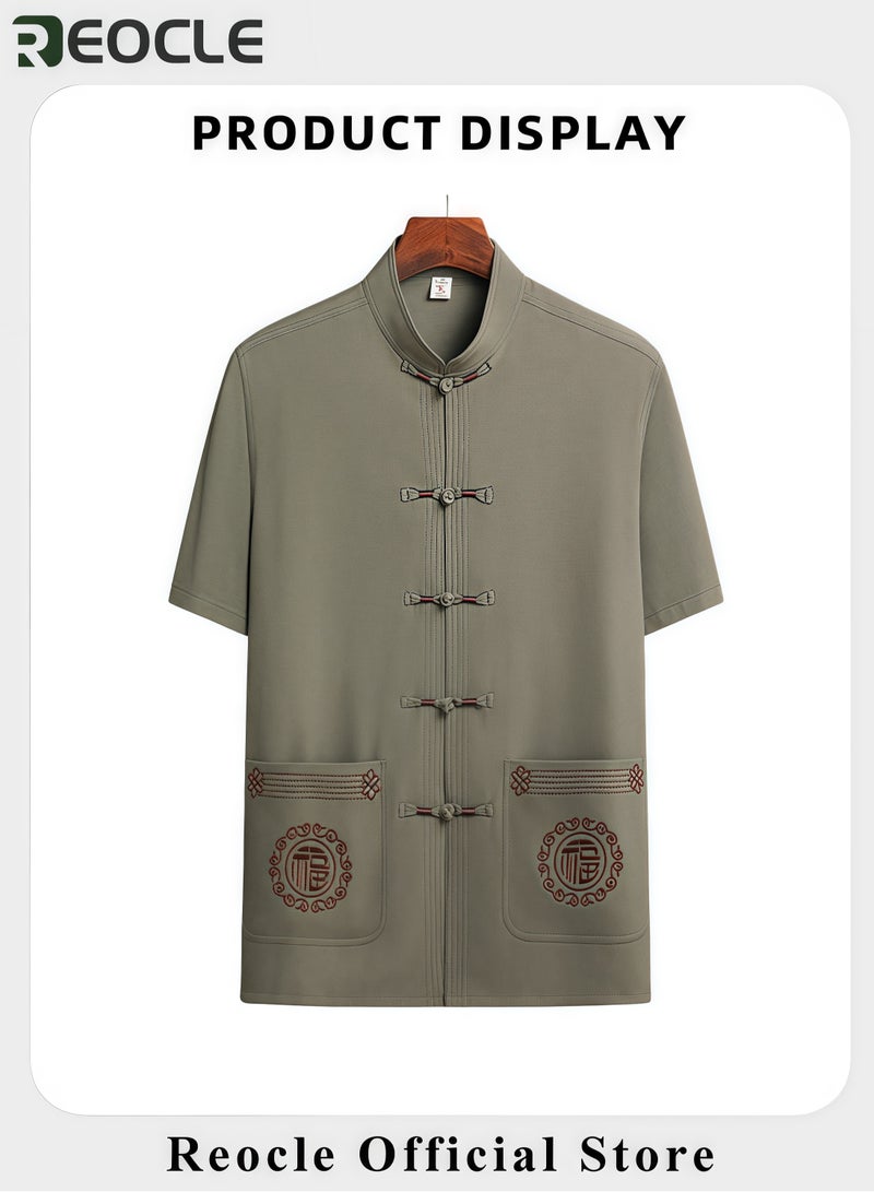 REOCLE Mens 2PCS Set Sophisticated Casual Wear Set Chinese Embroidery Kungfu Suit Set Men Summer Short Sleeves Cotton and Linen Shirts and Pants - Image 3
