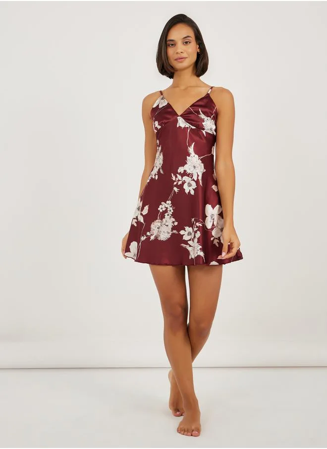 Styli Satin Floral Print Slip Dress