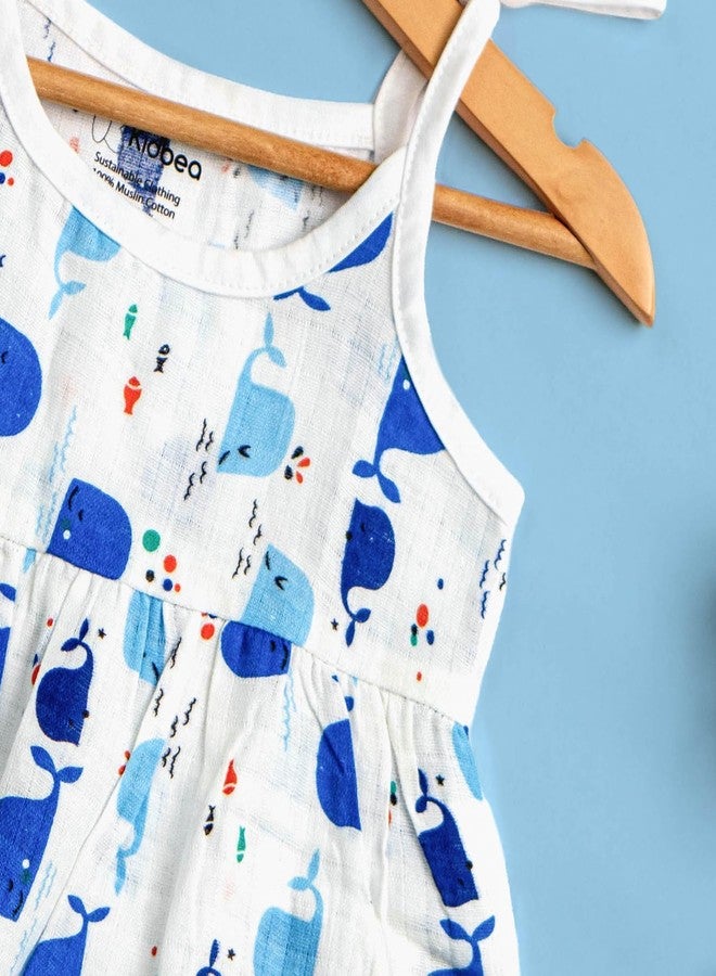 معرف com لهذا التطبيق هو فستان بدون أكمام من القطن العضوي 100% من كيدبيا® لحديثي الولادة | فستان موسلين كاجوال للأطفال الرضع - بنقشة النجوم والفراشات والحوت (9-12 شهرًا) - Image 2