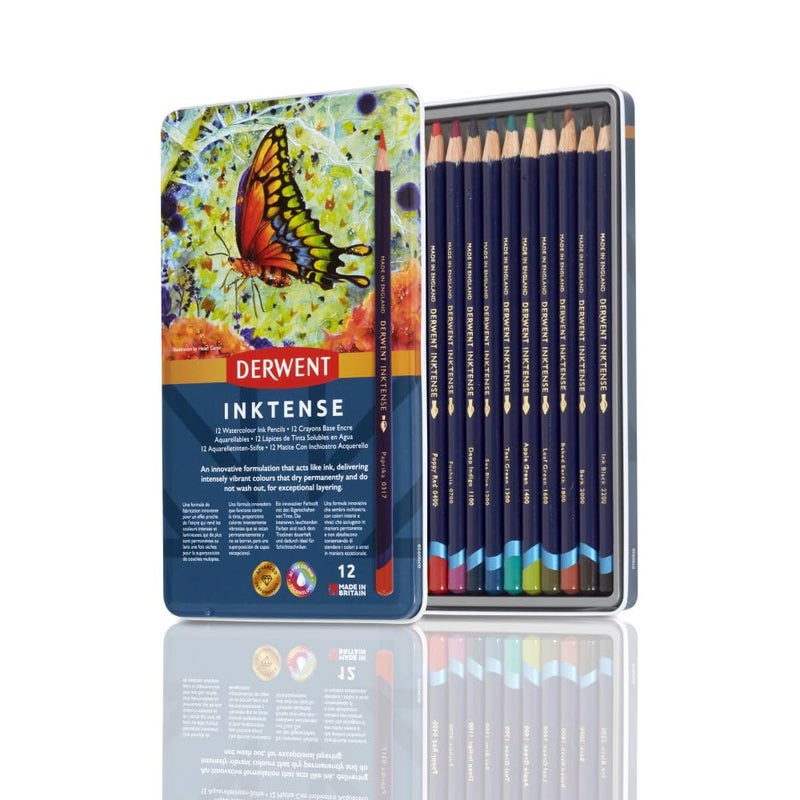 Derwent Inktense Pencils Tin, Set of 12, Great for Holiday Gifts, 4mm Round Core, Firm Texture, Watersoluble, Ideal for Watercolor, Drawing, Coloring and Painting on Paper and Fabric (0700928) - Image 1