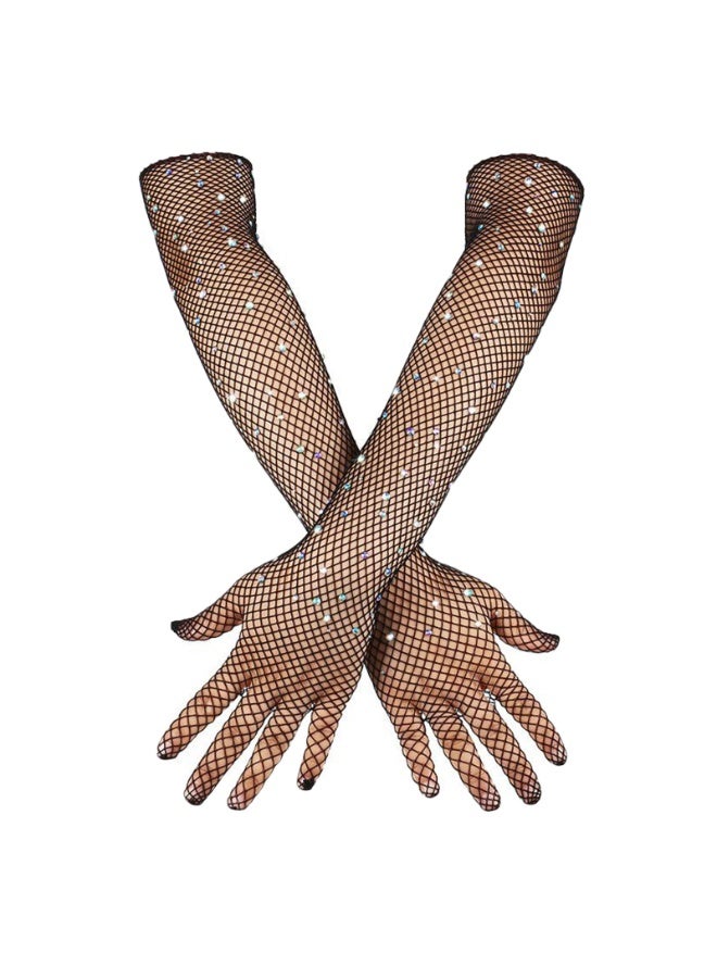 Women Rhinestone Fishnet Gloves Mesh Sparkly Glitter Fashion Opera Gloves For 80s Party Costumes  - Image 1
