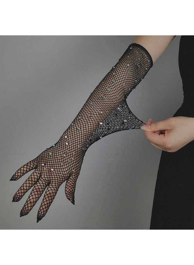 Women Rhinestone Fishnet Gloves Mesh Sparkly Glitter Fashion Opera Gloves For 80s Party Costumes  - Image 2