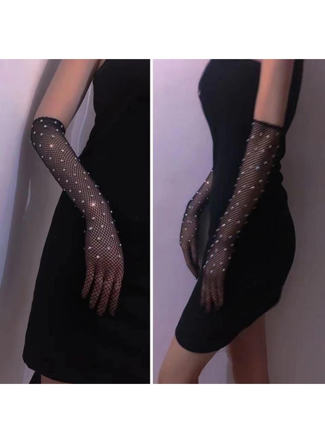 Women Rhinestone Fishnet Gloves Mesh Sparkly Glitter Fashion Opera Gloves For 80s Party Costumes  - Image 3