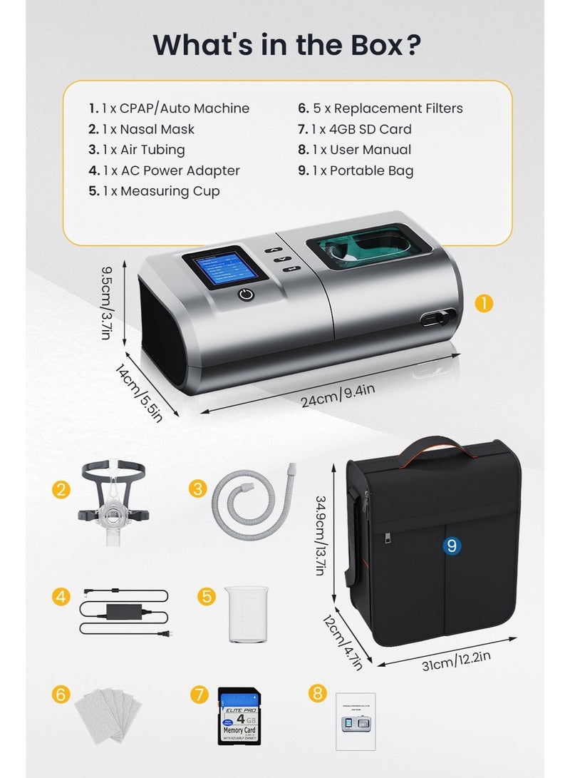 فارون جهاز CPAP التلقائي مع مرطب ساخن، جهاز توقف التنفس أثناء النوم مع وضعين (تلقائي/CPAP)، تشغيل هادئ مع قناع أنفي وحقيبة سفر للاستخدام المنزلي - Image 2