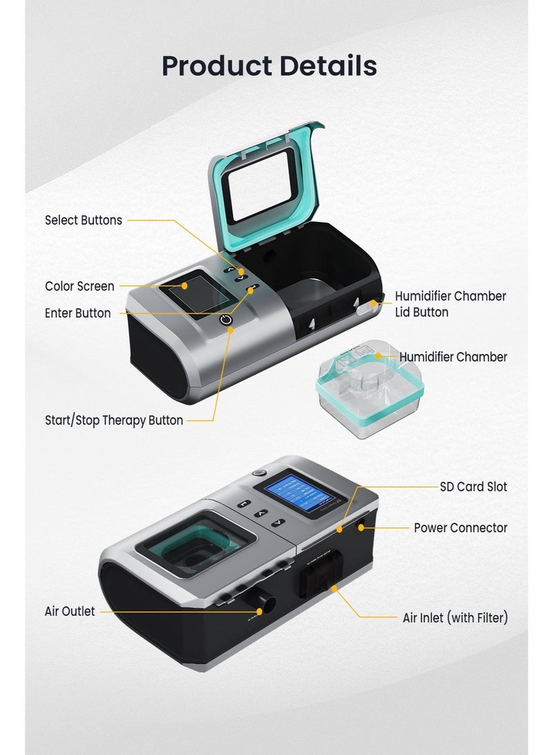 فارون جهاز CPAP التلقائي مع مرطب ساخن، جهاز توقف التنفس أثناء النوم مع وضعين (تلقائي/CPAP)، تشغيل هادئ مع قناع أنفي وحقيبة سفر للاستخدام المنزلي - Image 4