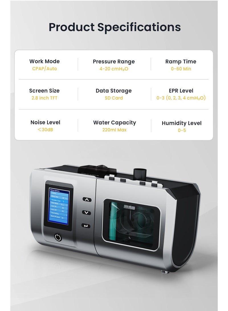 فارون جهاز CPAP التلقائي مع مرطب ساخن، جهاز توقف التنفس أثناء النوم مع وضعين (تلقائي/CPAP)، تشغيل هادئ مع قناع أنفي وحقيبة سفر للاستخدام المنزلي - Image 3