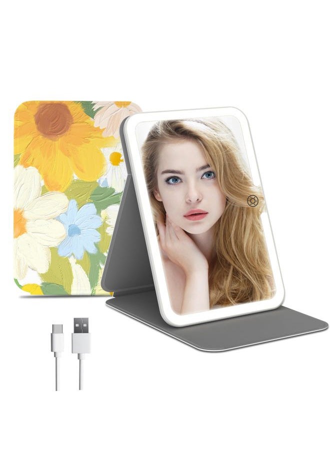 FUNTOUCH Rechargeable Travel Lighted Makeup Mirror with PU Leather Cover, Portable Travel Makeup Mirror with lights, 3 Color Lighting,Touch Sensor Dimmable, Light Up Tabletop Cosmetic Mirror Folding Flower  - Image 1